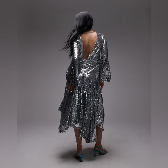 ASOS ARCHIVE Sequin Embellished Long Sleeve Dropped Waist Maxi Dress 0 - Picture 2 of 8